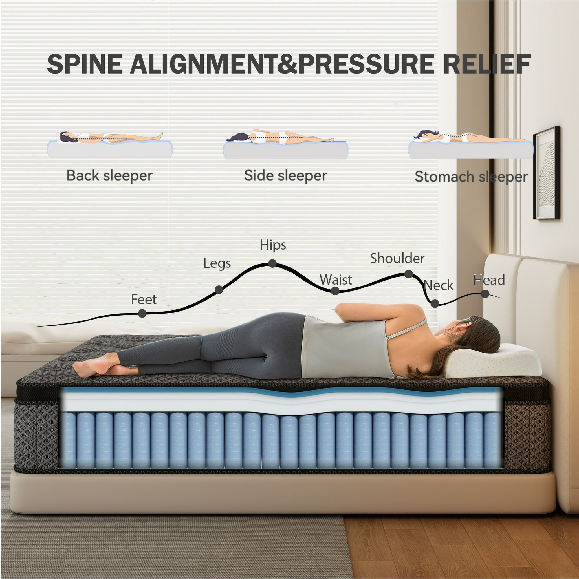 HIKOS 12 inch King Mattress in a Box, Cooling Gel Memory Foam Hybrid Mattress with Individually Wrapped Pocket Coils, Medium Firm King Size Mattress, Pressure Relief for Adult
